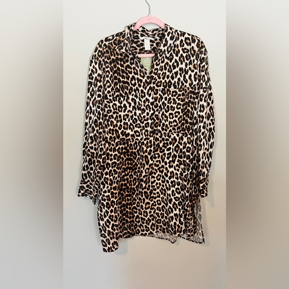 NWT H&M leopard print oversized silky button down shirt/dress
